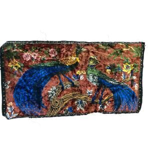 Vintage 60s Soft Embroidered Peacock Tapestry Colorful Wall Hanging Textile -